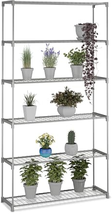 Relaxdays Blomhylla, H x B x D: 174 x 91 x 28 cm, 6 hyllor, plugin-system, metall och plast, växthushylla, grå | Metall och plast, H x B x D: 174 x 91 x 28 cm