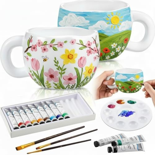 Sinmoe Keramik Tassen Bemalen Set für Erwachsene 2 Tassen 12 Keramikfarben 3 Pinsel und 1 Palette DIY Kaffeetasse Malset Kreatives Geschenk für Hochzeit Geburtstag Weihnachten(Blumenform)