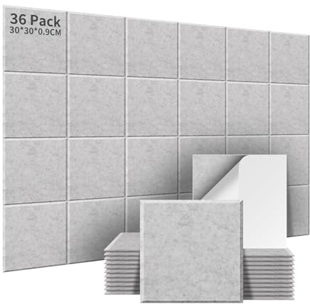 AsmeSonic 36 Stück 3,24㎡ Akustikplatten Selbstklebend 30x30x0.9cm Grau | Akustikpaneele mit hoher Dichte 230kg/m³ Akustische Behandlung und Dekoration für Tonstudio Gaming Deko und Studio Silbergrau