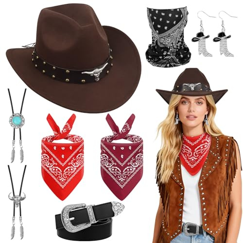 Cowboy Kostüm Damen Komplettset 8 Stück, Cowboy Hut Set für Mottopartys | Cowgirl Outfit Damen, Umfassendes Cowboy Zubehör für Cosplay Partys, Valentinstag, Karneval(Braun)