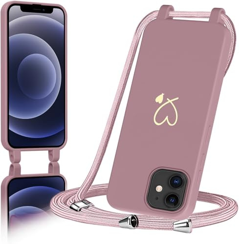 AoozeFon für iPhone 12 Hülle mit Band, Handyhülle iPhone 12 mit Kordel zum Herz, Schutzhülle Handyband mit Umhängen Abnehmbare Weich TPU Liquid Silikon Bumper, Rosa