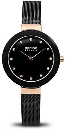 BERING Damen Quarz Uhr | Armbanduhr 29 mm roségoldenes Edelstahlgehäuse und schwarzes Zifferblatt | Milanaisearmband | Saphierglas | 5 ATM | 11429-166