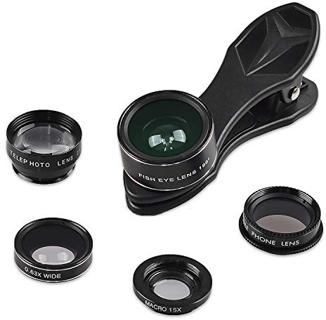 5in1 Handy Smartphone Tablet Kamera Objektiv-Adapter-Set mit Fisheye (198°) Weitwinkel (0,63 x) Makroobjektiv (15x) Teleskop-Linse (2X) CPL-Filter-Linse (Schwarz)