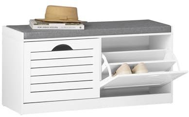 SoBuy Banco Zapatero con Asiento Zapatero Entrada Recibidor - Banco Almacenaje con Cojín Ergonómico, Capacidad 8 Pares, Diseño Compacto para Pasillos Estrechos - Blanco, 97x30x47 cm - FSR62-II-W