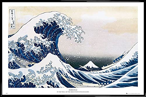 1art1 Katsushika Hokusai Poster Plakat | Bild und Kunststoff-Rahmen - Die Große Welle Vor Kanagawa (91 x 61cm)