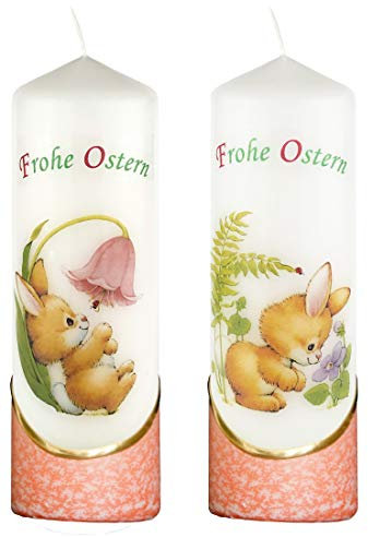 Meissner-Handel Auswahl * 2 Stück Osterkerze Stumpenkerze Osterdeko * 6 x 18 cm * mit farbigen Wachs- und Bildauflagen * Auswahl Motiv + Farbe * orange * (Serie 1 - Set 01/02)
