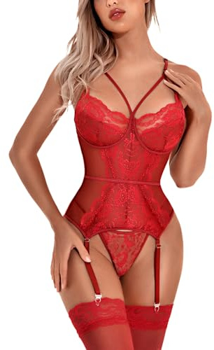 Aranmei Completo Intimo Donna Sexy Lingerie con Reggicalze Set Biancheria Intima Scollo V Body Pizzo Teddy Lingerie Intimo Notte, Vino Rosso, XL