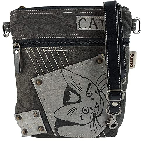 Sunsa Damentasche mit Katzenmotiv. Vintage Umhängetasche aus Canvas & Leder | Schwarze Schultertasche für Katzenliebhaber. Damen Crossover bag mit viel Fächer für Alltag, Reise & Freizeit. Geschenkidee