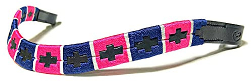 Equipride Argentona Polo-Stirnband für Zaumzeug, bestickt, Gaucho Pink/Marineblau/Weiß (braunes Leder, 40,6 cm)