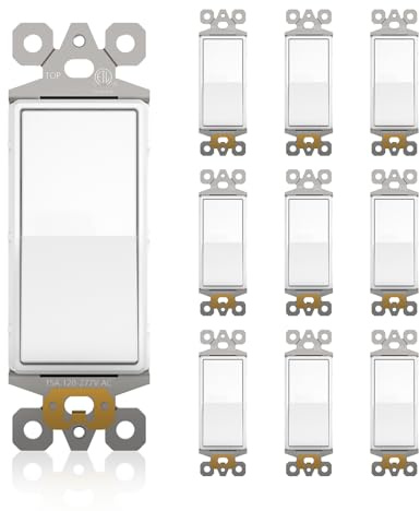 JUNLIT Single Pole Wall Light Switch, 15A 120V/277V, 3 Wire Decorative Paddle Rocker Switch Replacement, On/Off Rocker Interrupter, Residential Grade, White (10 Pack)