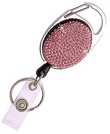 Enrouleur de badge rétractable en strass avec clip de ceinture et porte-clés, cordon de traction jusqu'à 61 cm, cadeau pour femmes et filles, 1 pièce, rose