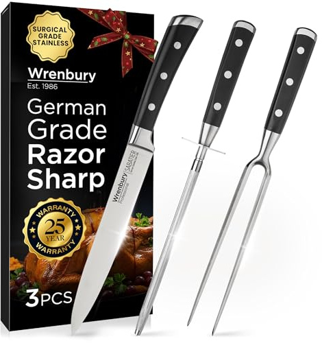 Wrenbury Sabatier Carving Knife Set with Carving Fork and Sharpening Steel - German Grade 3 Piece Professional Carving Set Razor Sharp Blade - Full Tang Riveted Handles
