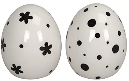 Posiwio dekoratives frühlingshaftes Deko-Ei Oster-Ei Keramik weiß-schwarz mit Punkten und Blümchen Preis für 2 Stück (2 x groß ca. 7,5 x 10 cm hoch)