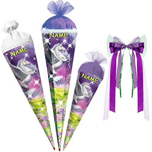 alles-meine.de GmbH Schultüte mit Glitzer - Effekt ! Magic Pegasus/Einhorn 35-85 cm Größe wählbar mit Holzspitze inkl. Name + Bänder Schleife - Zuckertüte - Tülla..