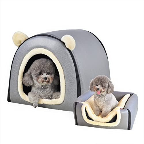 FOUIYIUTU Hundebett oder Katzenbett, 2 Verwendungsmöglichkeiten, spritzwassergeschütztes Haus und rutschfeste Unterseite, für mittelgroße Hunde und Katzen (L graues Kunstleder)