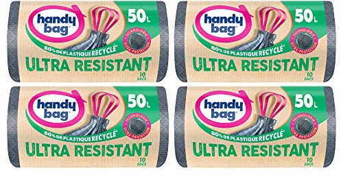 Handy Bag Lote de 4 rollos de 10 bolsas de basura 50 L, muy resistente, 80% de plástico reciclado, cierre con asas deslizantes, tecnología ultra protectora, triple grosor, antifugas