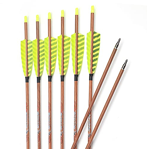 ACCMOS ID 6,2 mm Holzmaserung Carbon Pfeile 4 Gelb gestreift Schild Form Feder Spine 350 400 500 600 700 Jagdpfeile für Bogenschießen 6 Stück (26inch, Spine 700)