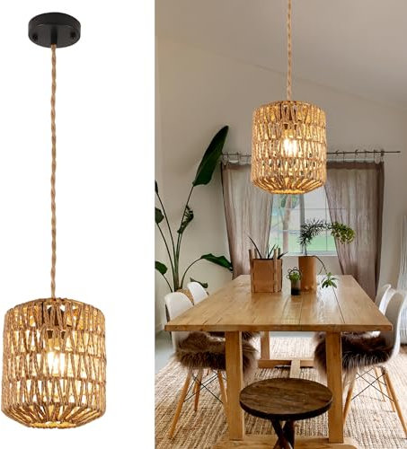 Pheashine Lampara Techo Colgante Dormitorio de Ratan, Lámpara de Ratán Bohemia Lampara Techo Colgante Cuerda Vintage E27 para Sala,Cocina, Isla, Bar-cafetería