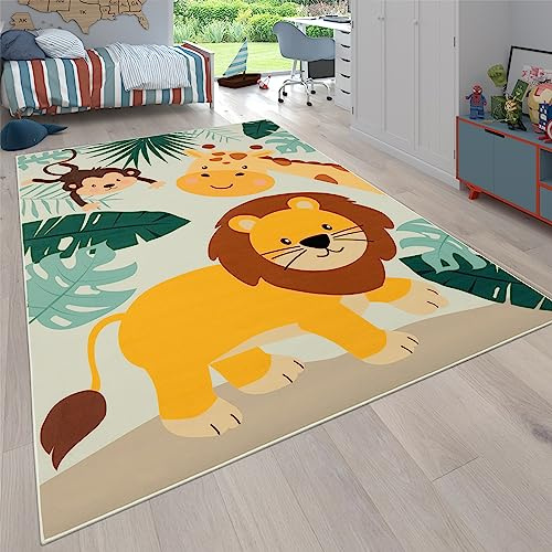 Paco Home Teppich Kinderzimmer Kinderteppich Junge Mädchen Spielteppich Zootiere Straßenteppich rutschfest Beige Blau Grün, Grösse:160x220 cm