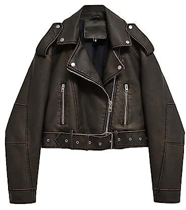 LY VAREY LIN Women Faux Leather Cropped Jacket Lapel Zipper Biker Short Coat with Belt