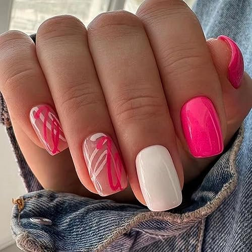 AKOFIC 24 Stück Press on Nails Kurz, Eckig Neon Nägel Zum Aufkleben French, Fake Nails Rosa Weiß Design, Full Cover Kunstnägel Fingernägel mit Klebepads für Frauen und Mädchen
