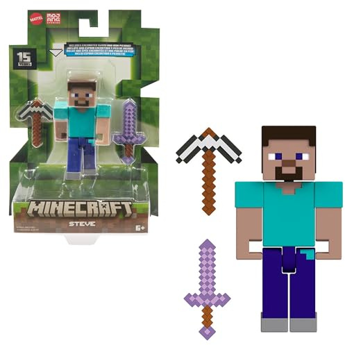 Mattel Minecraft - Personaggio Steve, action figure snodata alta 9+ cm con design pixelato e accessorio da battaglia, design ispirato all'iconico videogioco, giocattolo per bambini, 6+ anni, HTN05