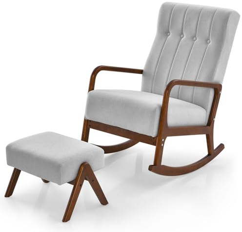 HOMASIS Mecedora con otomana, Juego de Mecedora con reposabrazos y Estructura de Madera Maciza y Cojín Acolchado, Silla hasta 150kg, Sillón reclinable para Dormitorio, salón, 97x65x104cm (Gris)