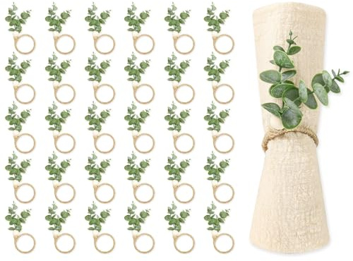 JarThenaAMCS 60 Pcs Eucalyptus Leaf Napkin Rings Boho Green Leaves Wood Bead Farmhouse Napkin Holders Greenery Napkins Buckle for Spring Summer Easter Weddings Christmas Party Table Decoration