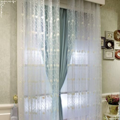 Daesar Vorhang Blickdicht mit Ösen 96x115CM, Verdunklungsvorhänge 2er Set Doppellagig Spitze Stickerei mit Blumen Motiv Gardinen Vorhänge Blau Weiß Wohnzimmer Schlafzimmer
