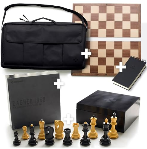 Tempest Schack Ensemble: Schackset i trä + bärbart schackbräde + handbagage + förvaringslåda + poängbok + valfritt tempest deluxe schackklocka/docka (Zagreb 1959 ensemble (utan klocka))