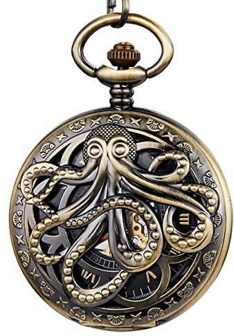 YIHANSS Goldene mechanische Taschenuhr mit Oktopus-Motiv, Steampunk-Skelett, Handaufzug, Klappuhr mit Kette für Herren und Damen