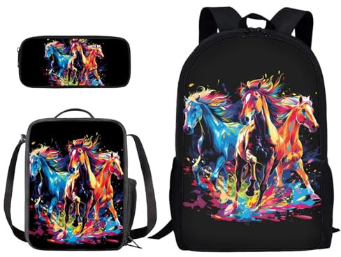 Wpamlrta Colorful Paint Horses Pattern Backpack Set for Kids Boys Girls School Bag with Lunch Bag Pencil Bag Primary Elementary Bookbag 3 Pcs Set
