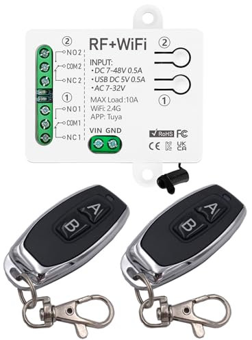 DieseRC Tuya 2 Channels WIFI Smart Switch, DC 5V 12V 24V 36V Passive Output Relay Module, with 2 pcs RF Remote Control, Compatible with Alexa/Google Home