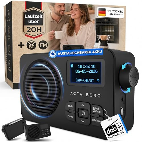 Acta Berg DAB Radio mit Akku 5000 mAh austauschbar & BT 5.3 (Schwarz) | DAB+/UKW-Radio, Akku austauschbar + Netzstecker, 80 Senderspeicher, USB-C, tragbares Digitalradio, mit Wecker & Timer