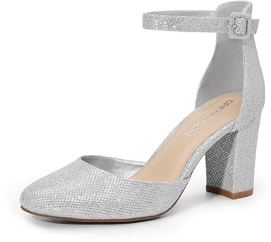 DREAM PAIRS Dam stängd tå tjocka klackar ankelrem lågblock klackar rund tå klänning brud bröllop pumps skor, Silver-glitter, 39 EU