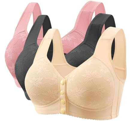 Flodxo 3Pc Comfort Bras for Women Plus Size UK Wire- Front Button Closure Push Up Full Coverage T Shirt Bra Wireless Ladies Bralettes Beige L