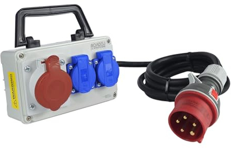 RoadEu - CEE Steckdose 16A und 2x Schuko Verteiler - Steckdosenverteiler - Stromverteiler 16A, Mobilverteiler - Stromkabel 10 meter - Baustromverteiler mit CEE Stecker 16A