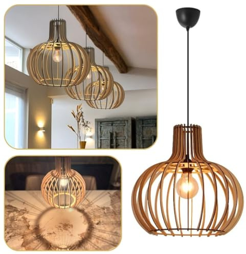 Lumeo Creative | Lampadario in Legno Stile Bambù e Rattan Naturale per Soggiorno, Sala da Pranzo o Camera da Letto | Plafoniera Boho Chic