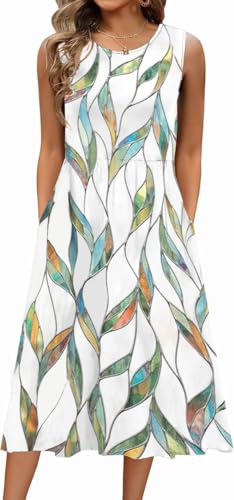 ABINGOO Mujer Sin Mangas Maxi Vestido Casual Elegante Estampado Midi de Cintura Alta con Cuello Redondo y Bolsillos para Playa