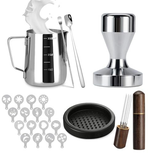 Coffee Tamper 51mm Set 22PCS : Coffee Machine Accessories for Espresso Include 51mm Tamper and Mat, Stainless Steel Milk Frother Jug, WDT Tool, Espresso Spoon, Latte Art Pen and 16 Cappuccino Stencils