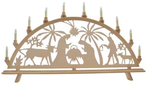 Erzwelt - Lichterbogen DBR83 – Weihnachtsdeko – Motiv Maria & Josef | 80 x 48 x 5 cm – Schwibbogen aus Holz – Leuchtbogen mit 11 Kerzen – handgemachter Original Erzgebirge Fensterbogen