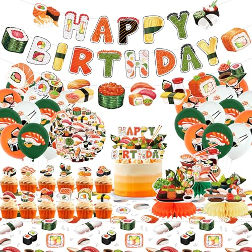 Decoraciones de fiesta de cumpleaños de sushi, incluye pancarta de feliz cumpleaños, adornos para tartas, remolinos colgantes, globos, calcomanías, para suministros de fiesta temática de sushi