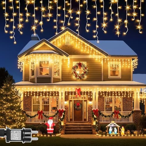PLODAXE Lichterkette Eisregen Außen 15m, 600 LED Weihnachtsbeleuchtung Eisregen Warmweiß mit Timer 8 Modi Speicherfunktion, Anschließbar, IP44 Lichtervorhang für Balkon Geländer Traufe Weihnachtsdeko