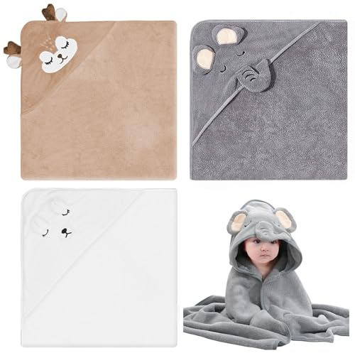 3 Stück Kapuzenhandtuch Baby - 80 x 80 cm Handtücher Badetuch, Niedliches Babyhandtuch mit Kapuze Kapuzenhandtuch Baby mit 2 Stück Quadratische Handtücher für Neugeborene Kleinkinder (Weiß Braun Grau)
