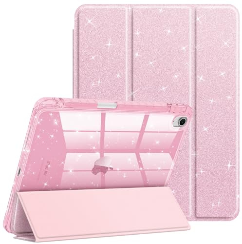 Fintie Glitzer Hülle für iPad Air 11 Zoll, iPad Air 5./4. Generation 10,9 | dünne stoßfeste Schutzhülle mit Stifthalter, glänzend durchsichtiger Rückseite, Auto-Sleep/Wake & Standfunktion, Rosa