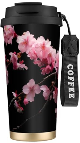 Tasse à café japonaise en acier avec couvercle anti-fuite, motif fleurs de cerisier japonaises, tasse portable pour garder au chaud/glace