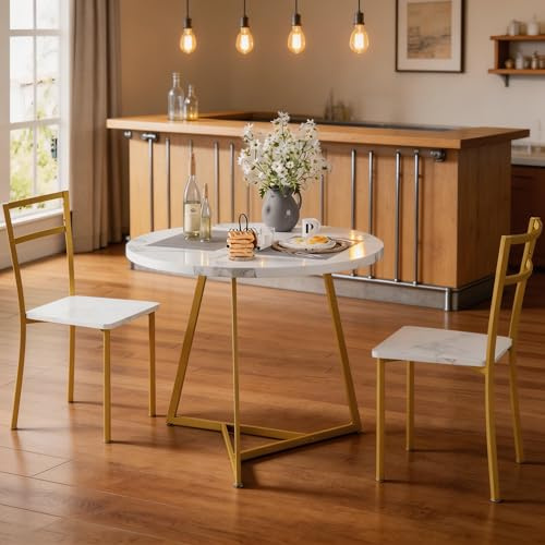 GAOMON 3-Piece Round Dining Table Set for 2, Space-Saving Kitchen & Breakfast Nook Furniture with Cushioned Chairs, Compact Modern Table and Chair Set for Apartments & Small Rooms, Gold White
