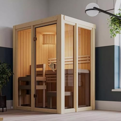 Karibu Sauna d'Intérieur Irava | 1-2 Places, Épicéa du Nord, Isolation Thermique, 68mm | 155x122 cm, Porte Vitrée, Banc de Tremble | Poêle Électrique en Option