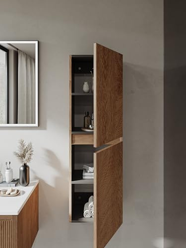 BRIDGE BENO Badezimmer-Hochschrank Mit Verstellbaren Einlegeböden, Soft-Close & Geriffelter Front – 35x110x25 cm – Links/rechts Montierbar – Forest Walnut