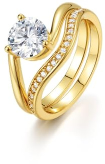 Tolldek Weißgold 9K/14K/18K Eheringe, Welle Verlobungsring mit Moissanit Echte Goldschmuck, Au 375/585/750 Weiß Gold Solitärring, Gr.47-65